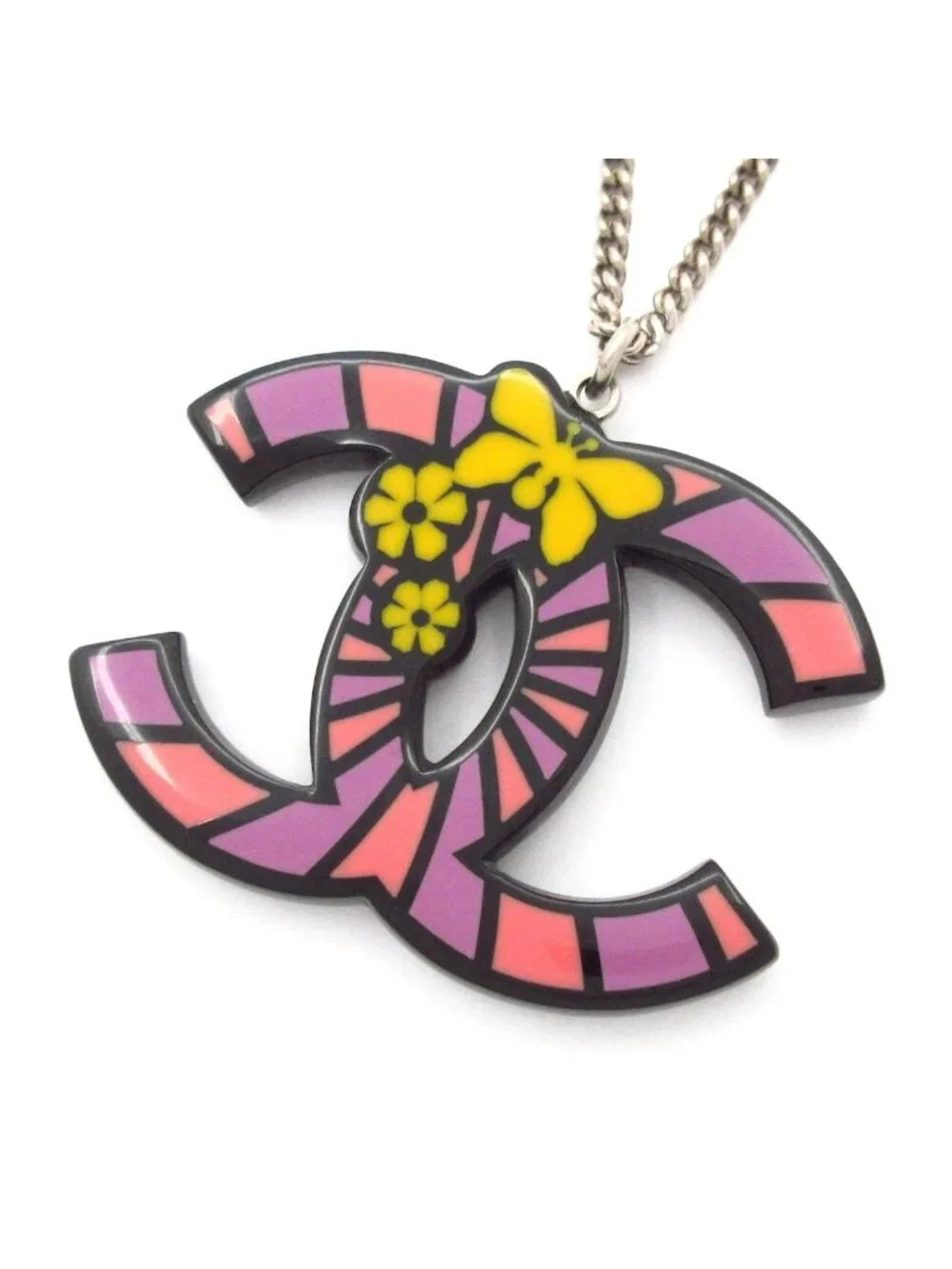 Chanel Necklace CC Logo Silver Yellow Multi Butterfly Flower